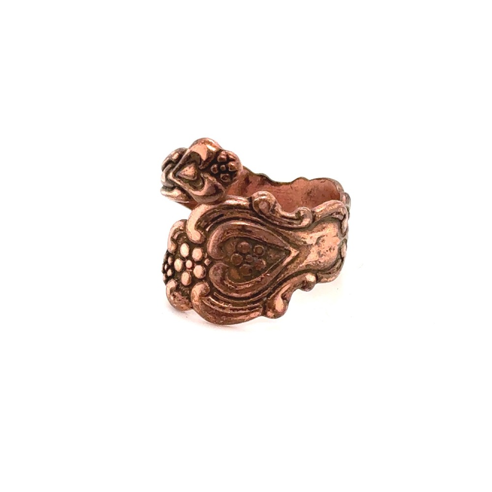 Vintage Copper Spoon Ring Floral Scrollwork Ornate Bypass Wrap Band Size 8